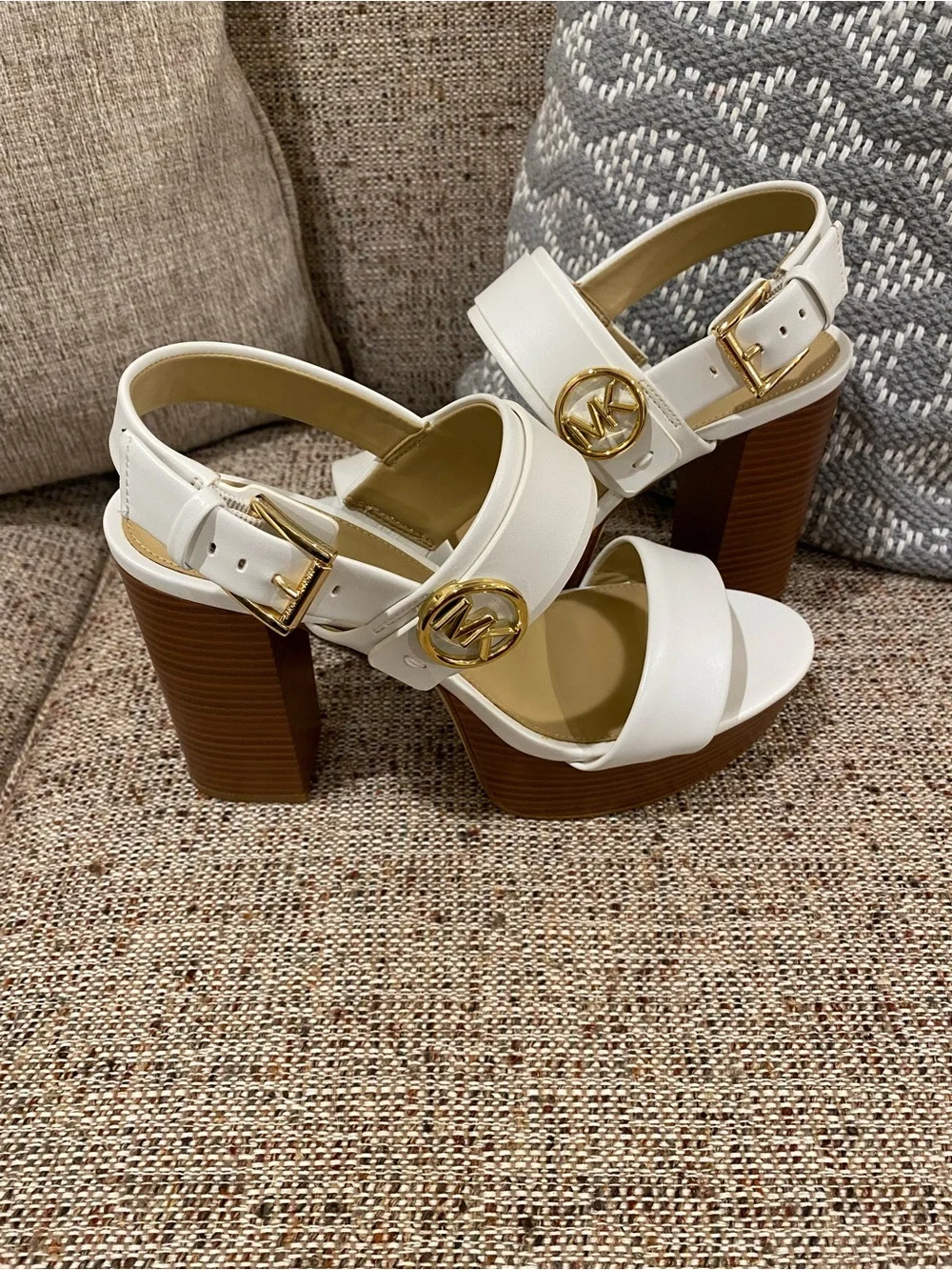 Michael Kors White Platform Block Heel Sandals with Brown Wood-Look Sole
